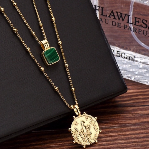 Malachite Beaded Pendent Gold Choker Necklace - Picture 5 of 8